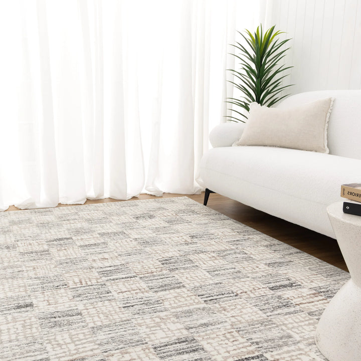 Barca Distressed Checkers Grey Beige Rug