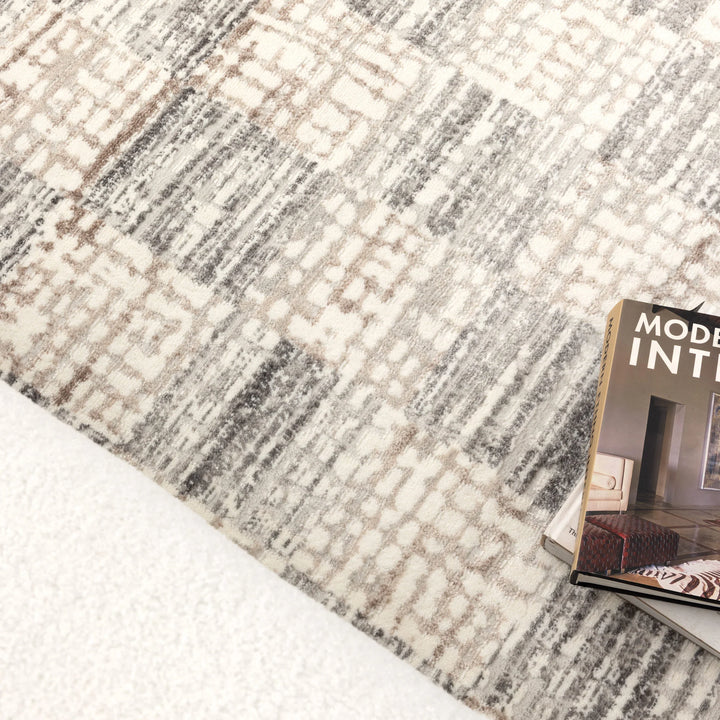 Barca Distressed Checkers Grey Beige Rug